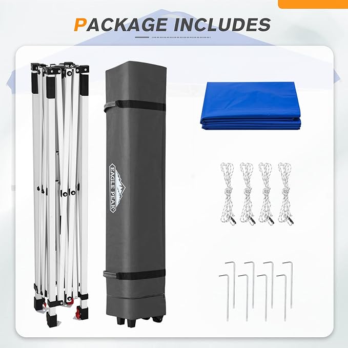 EAGLE PEAK Pop Up Canopy Tent with Wheeled Carry Bag, 8 Stakes, 4 Ropes, Easy Set Up Tent Canopy, 6.6x6.6 ft, Blue