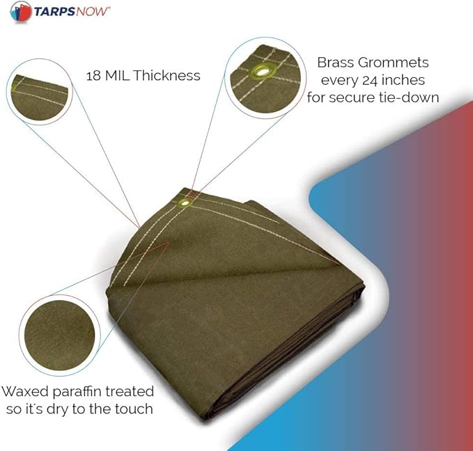 Tarps Now 16x20 ft Heavy Duty Canvas Tarp| 18 MIL Industrial Grade Fabric, Tear Resistance, Reinforced Edges, Brass Grommets | Ideal for Construction, Trucking, Manufacturing, Automotive –Olive Color
