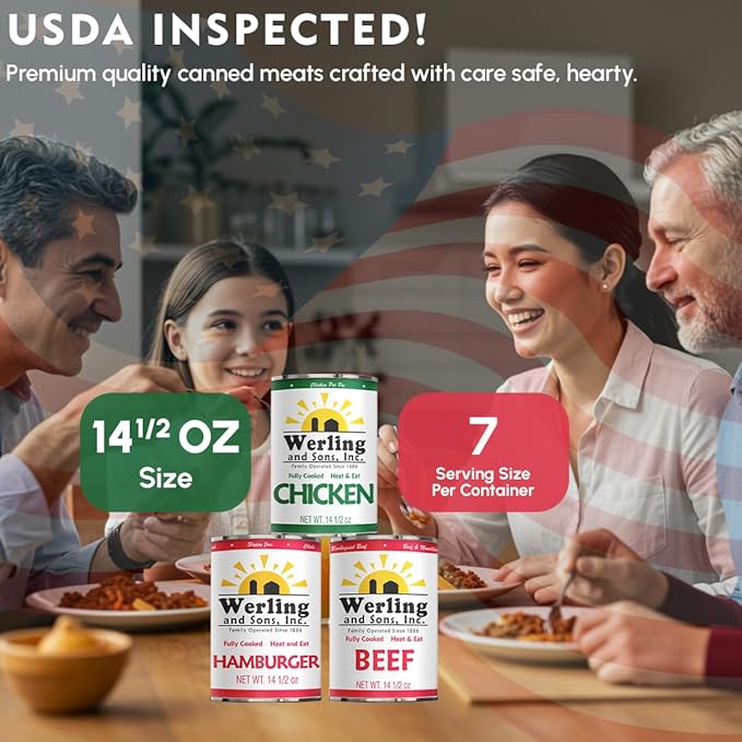 Werling & Sons Canned Meat Variety Pack 14.5 oz – Fully Cooked & Ready to Eat | 2 Hamburger, 2 Chicken, 2 Beef | Shelf-Stable Emergency Canned Food for Pantry Staples, Long-Term Storage, Camping & Quick Meals | Pack of 6