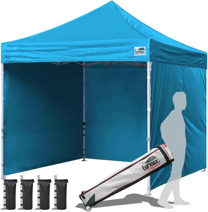 Eurmax USA 10'x10' Pop-up Canopy Tent Commercial Instant Canopies with 4 Removable Zipper End Side Walls and Roller Bag, Bonus 4 SandBags(Sky Blue)