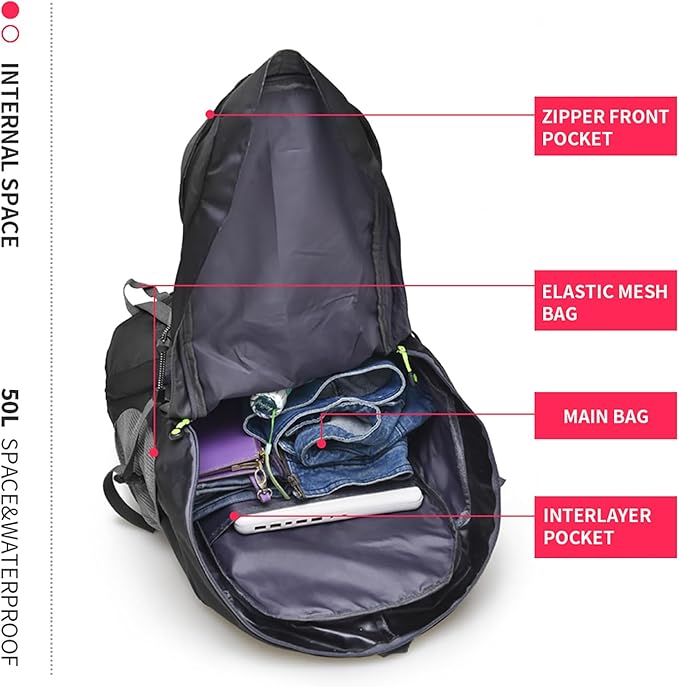 Bseash 50L Hiking Backpack, Water Resistant Lightweight Outdoor Sport Daypack Travel Bag for Camping Climbing Skiing Cycling (Black - No Shoe Compartment)