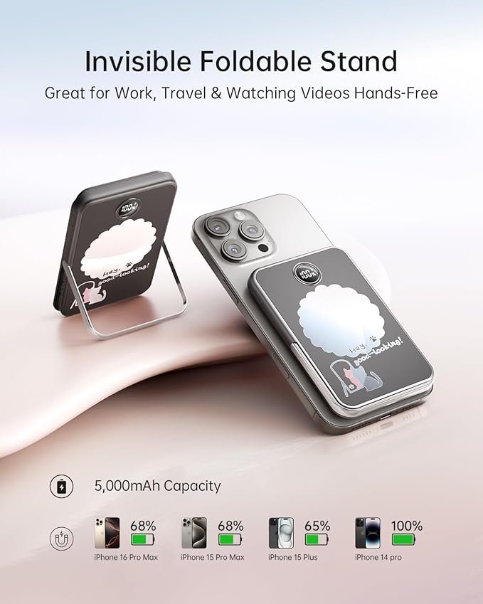 iWALK Magnetic Portable Charger 5,000mAh, Wireless Power Bank with Mirror & Foldable Stand, Ultra Slim Battery Pack with USB-C Cable, MagSafe Compatible for iPhone 17/16/16 Plus/16 Pro/15/14/13/12