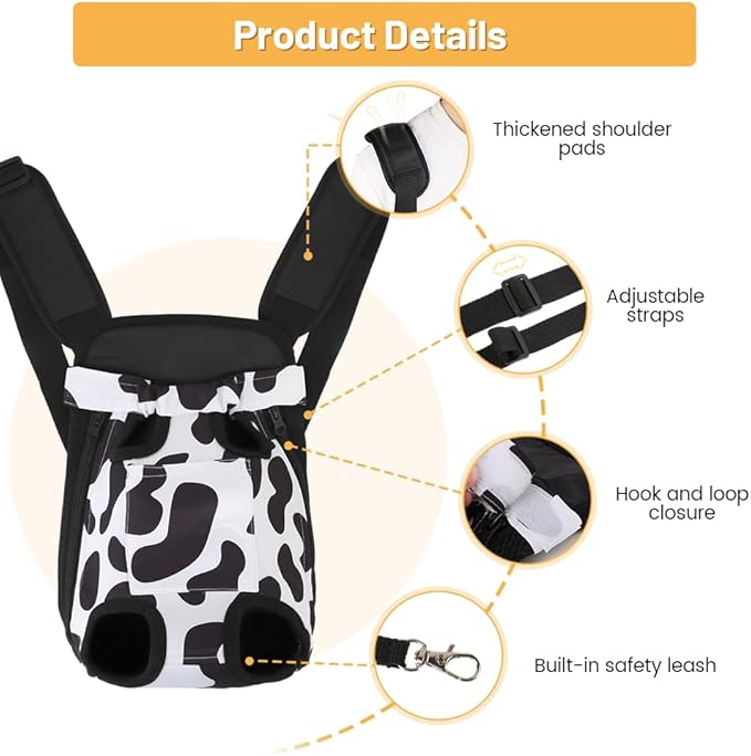 Inspack Dog Backpack Carrier/Cat Carrier, Adjustable Pet Front Carriers Travel Bag for Puppy Medium Dogs, Legs Out, Soft Ventilated Dog Chest Carry Backpacks for Hiking/Camping, 2.5-4 lbs, Cow Print