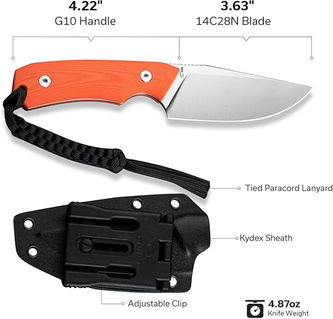 CIVIVI Gander Fixed Blade Knife with Kydex Sheath, 3.63" 14C28N Blade Full Tang Knife G10 Handle, Designed By Matt Gentry for Hunting Camping EDC C24058B-1 (Orange)