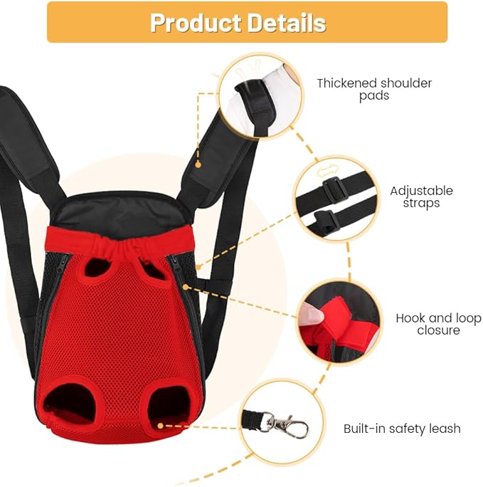Inspack Dog Backpack Carrier/Cat Carrier, Adjustable Pet Front Carriers Travel Bag for Puppy Medium Dogs, Legs Out, Soft Ventilated Doggie Chest Carry Backpacks for Hiking/Camping, 2.5-4 lbs, Red
