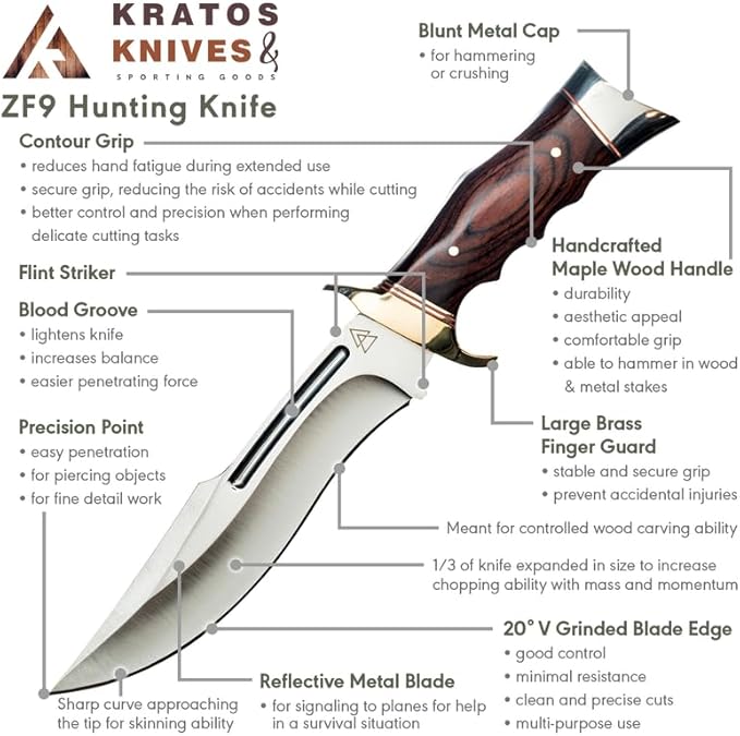 Hunting Knife Full Tang with Sheath, 13.25" Fixed Blade Knife with 440 Stainless Steel Wood Handle for Hunting, Leather Sheath Included by Kratos ZF9