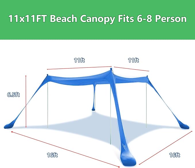 Beach Tent, Beach Canopy UPF50+, Beach Shade 11x11 FT with Sandbags, Beach Tent Sun Shelter for Beach Camping Trips, Fishing, Backyard Fun or Picnics