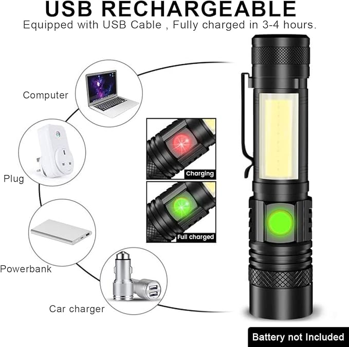 Rechargeable Flashlight, Magnetic LED Flashlight ?�Battery Not Included?‘with COB Work Light, Pocket Tactical Flashlights with 6 Modes,1000 Lumens Super Bright,Waterproof,Zoomable,for Camping,Emergency