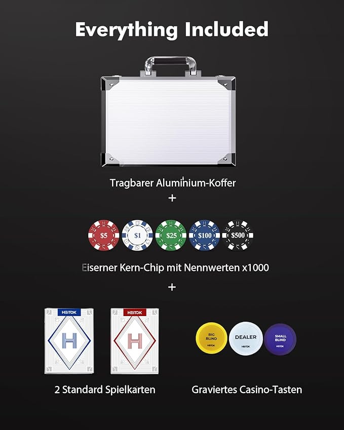 Poker Chips 1000 Chips Set with Denominations, 11.5g Weighted Numbered Casino Chips Set, 2 Decks with Compact Aluminum Case for Texas Hold'em, Blackjack Chips