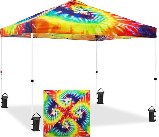EAGLE PEAK Pop Up Canopy Tent with Wheeled Carry Bag, 8 Stakes, 4 Ropes, 4 Weight Bags, Easy Set Up Tent Canopy, 10x10 ft, 100sqft of Shade, Cosmic Tie Dye