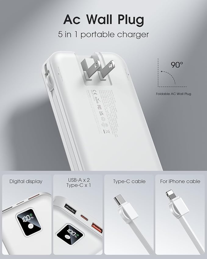 Portable Charger Built-in Cables and AC Wall Plug, 12000mAh power Bank, USB C 22.5W Fast charging Phone Charger ,Compact Lightweight External Battery Pack for iPhones, iPad, Samsung,Tablets, etc.