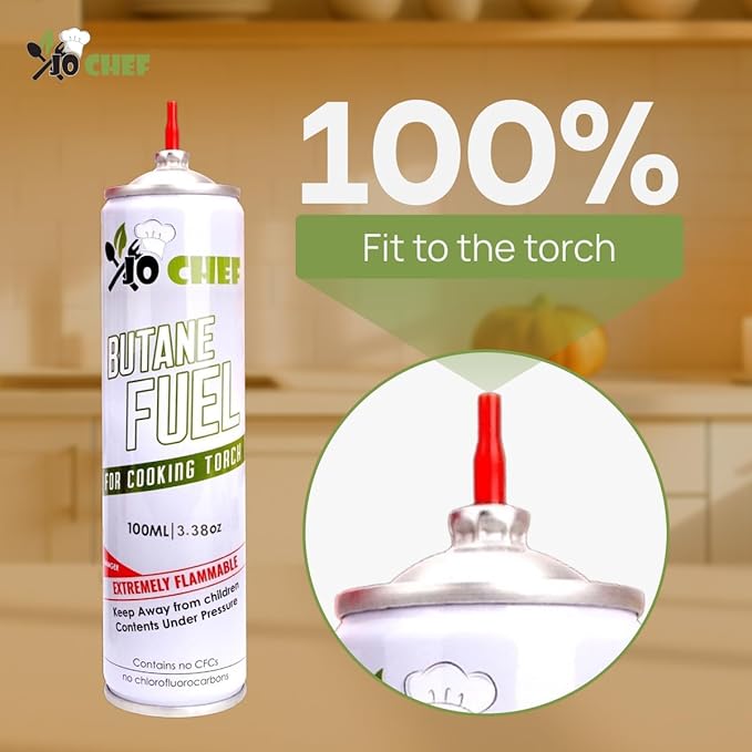 Jo Chef Butane Refill, Butane Torch Fuel Refill, Gas Lighter Fluid Refill Canister, Kitchen Blow Torch Fluid – Universal Tip – 2 Cans (3.38oz)