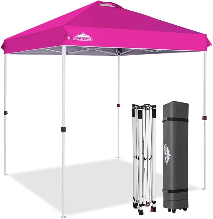 EAGLE PEAK Pop Up Canopy Tent with Wheeled Carry Bag, 8 Stakes, 4 Ropes, Easy Set Up Tent Canopy, 6.6x6.6 ft, Pink