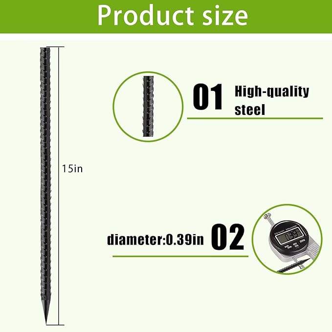 Straight-Rebar-Ground-Stakes 15Inch,Black Coated Straight Ground Anchors with Chisel Point End,Anti-Rust 16Pack Heavy Duty Steel Stakes for Landscape Timbers House Structure Plant Support in Garden