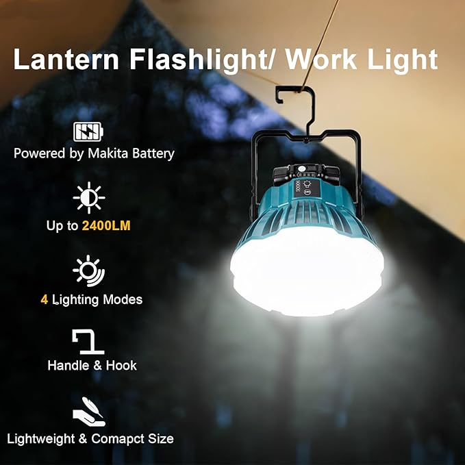 LED Camping Lantern Light Compatible with Makita 18V Battery, 2400LM 3 Adjustable Brightness Cordless Portable LED Work Light Floodlight with Hook for Tent Jobsite Ceiling(No Battery)