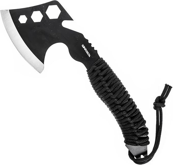 ASR Outdoor 12 Inch Full Tang Steel Axe Hatchet with Gut Hook Hex Holes Paracord Handle and Sheath, Black