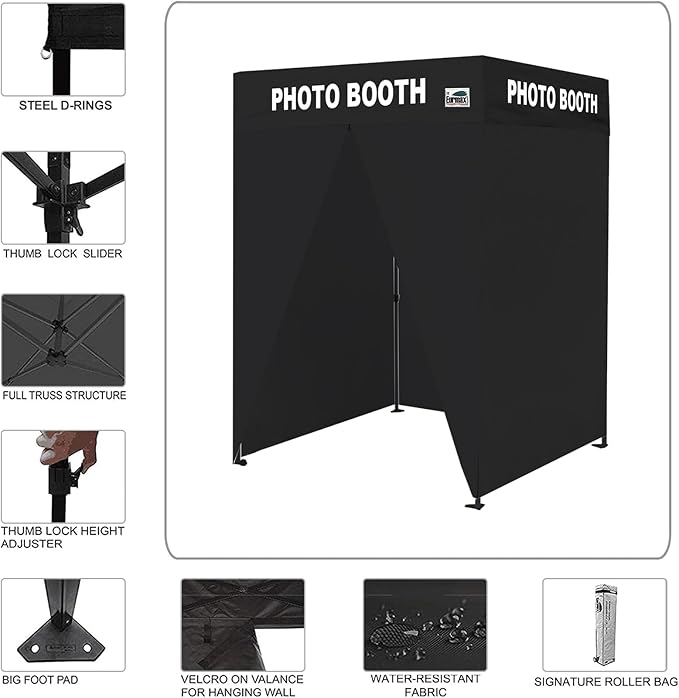 Eurmax USA 5'x5' Flat Top Pop-up Canopy Portable Photo Booth Tent for Events Wedding Photobooth for Professional Photos Photo Studio Photo Booth System with Roller Bag,Bonus 4 SandBags (Black)
