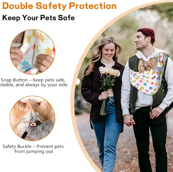 Dog Sling Carrier for Cats and Small Dogs – Hands Free Pet Sling with Adjustable Safety Strap & Buckle, Soft Cat Sling Carrier for Snuggling, Portable Dog Carrier Sling (Large, Daisy)