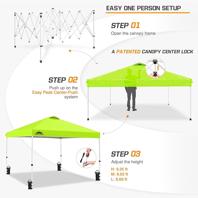 EAGLE PEAK Pop Up Canopy Tent with Wheeled Carry Bag, 8 Stakes, 4 Ropes, 4 Weight Bags, Easy Set Up Tent Canopy, 10x10 ft, 100sqft of Shade, Neon Green