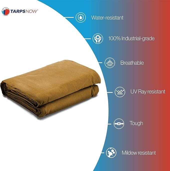 Tarps Now 10x10 ft Heavy Duty Canvas Tarp | 18 MIL Industrial Grade, Tear Resistant, Reinforced Edges, Nickel Plated Grommets | Ideal for Construction, Trucking, Manufacturing, Automotive – Tan Color