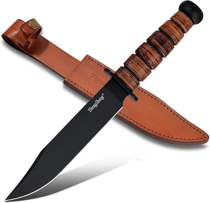 Fixed Blade Knife, 8.0??Black Titanium PVD Coating DC53 Steel Blade Hunting Knives with Leather Sheath, Ergonomic Handle Bushcraft Bowie Knife for Camping, Hiking
