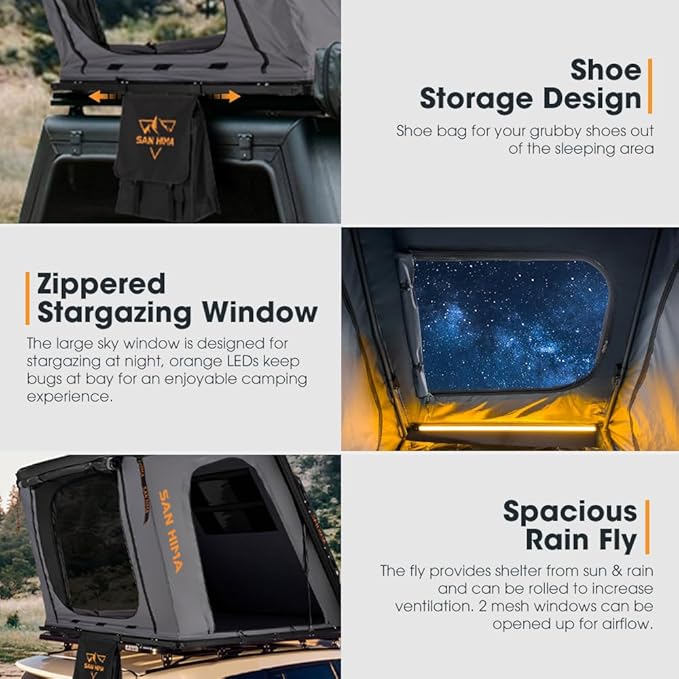 Sanhima Rooftop Tent Hard Shell - Hotham Overland Aluminium Roof Top Tent w/Larger Space, LED Strip Light & Skyview Window, 2” Thick Mattress, for Car SUV Truck Camping, 2-3 People Tent