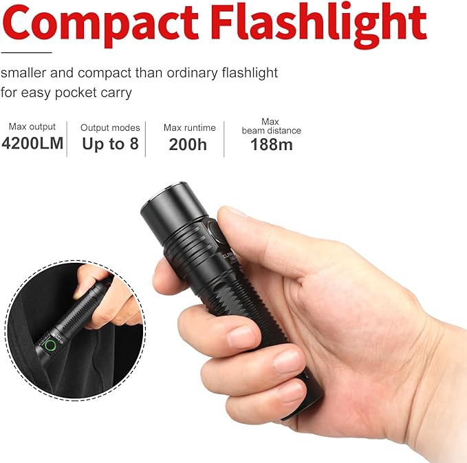 KLARUS G15 4000 High Lumen Pocket EDC Flashlight, 2A USB-C Fast Rechargeable, 200 Hours Long Lasting Compact Flash Light with Clip, IPX8 Waterproof, Portable for Camping, Inspection, Patrol, Emergency