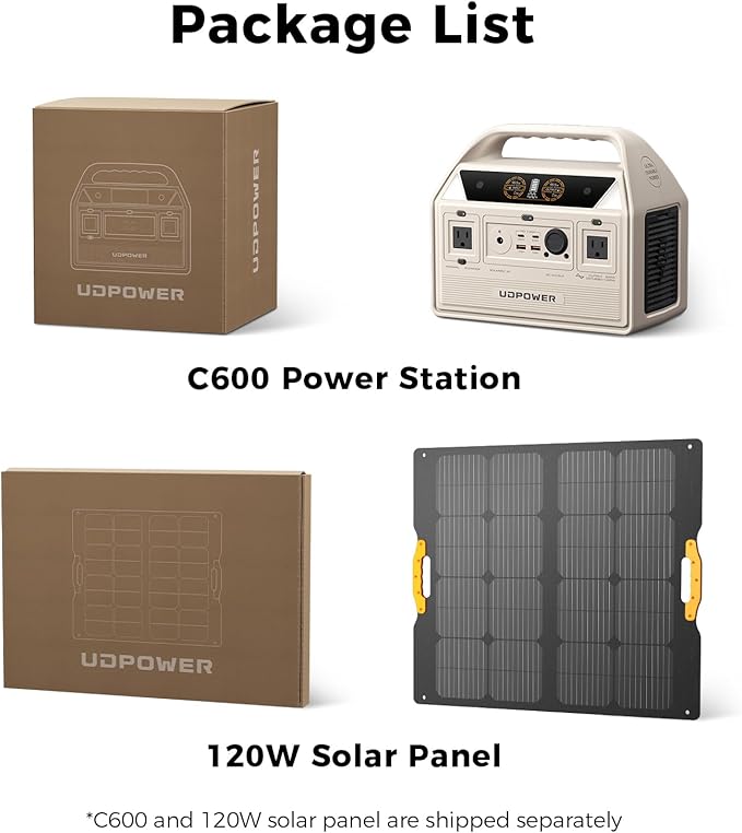 C600 Solar Generator with 120W Solar Panel - 600W Portable Power Station(Surge 1200W) AC Output, 595Wh LiFePO4 Battery, for Camping, Travel, RV, Emergency Power Backup(White)