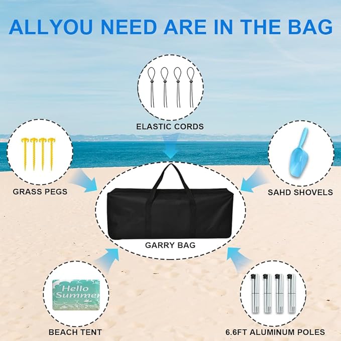 YUKIHOME Beach Tent Sun Shade Canopy Tent, UPF 50+ Camping Beach Sun Shelter 10 x 10ft 4 Pole, Lightweight, Easy Set Up and Carry
