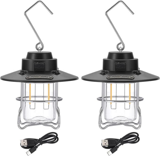 PATIKIL LED Camping Lantern, 2 Pack Vintage Rechargeable Lantern 3 Light Modes Portable Hanging Outdoor Tent Light for Camping, Hiking, Fishing, Black 3.66 Inch