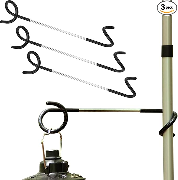 Camping Lantern Hooks, Outdoor Lighting Hooks for Camping Tent lamp Hanger, Bird feeders, Garden Lights, Lanterns, trinkets ; Sturdy Pole Hook for Tent Light, 3 pcs (Large & Long)