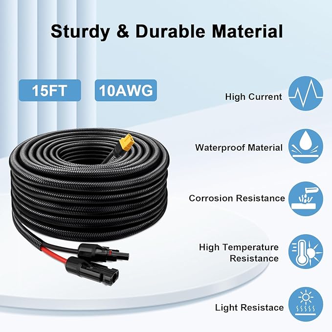 Solar to XT60 Cable 10AWG 15FT Solar Connector to XT60 Adapter Cable for Solar Panel to Battery RV Portable Power Station Solar Generator - 15 Foot