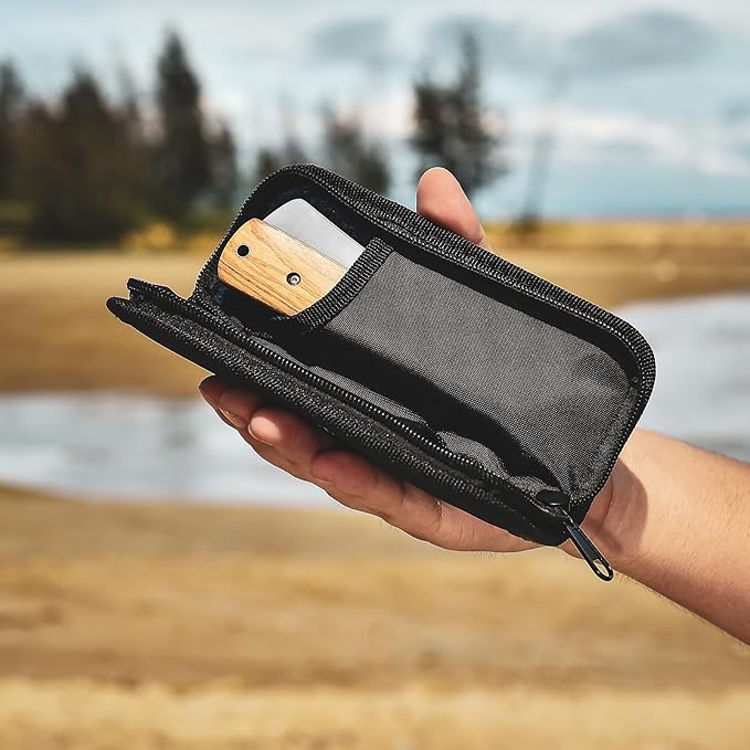Folding Chef Knife with Nylon Pouch 4.8” Ultra Sharp 440A Stainless Steel Blade Natural Olive Handle Pocket Foldable Japanese Style Kitchen Knife for Outdoor Camping BBQ trip Cooking.