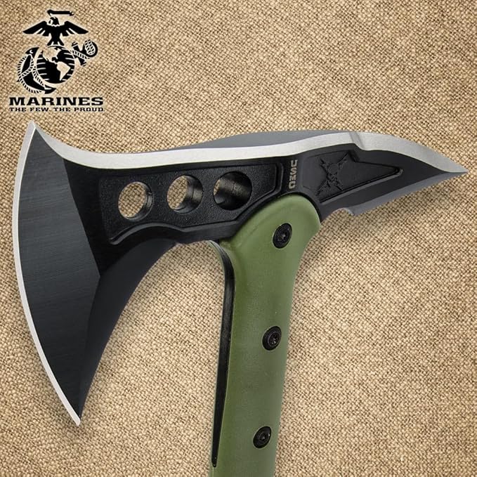 USMC Tactical Tomahawk | 2Cr13 Stainless Steel Head | 3 7/8" Blade and Curved Spike | Fiberglass and Nylon Reinforced Handle | Cord Handle Wrappings | Custom Blade Sheath | 15 1/2" Overall Length