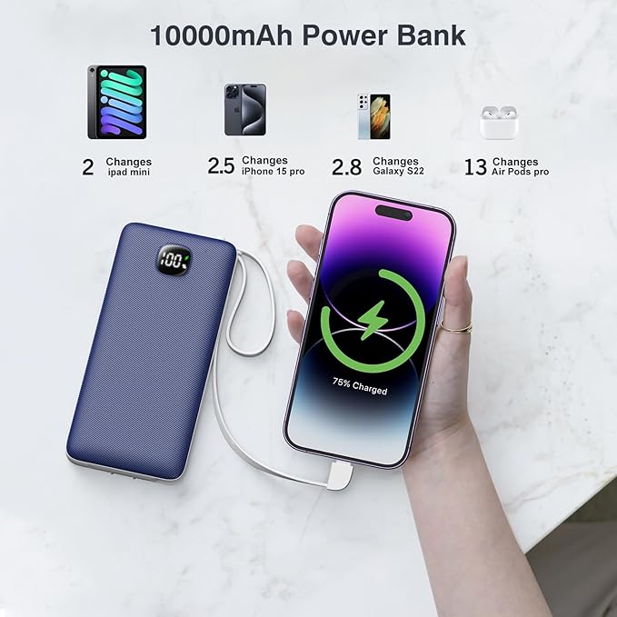 Portable Charger with Built-in Cables&AC Wall Plug,Slim 10000mAh 22.5W Fast Charging Power Bank,5 Output 2 Input USB-C External Battery Pack Compatible with iPhones,Samsung,Android, etc
