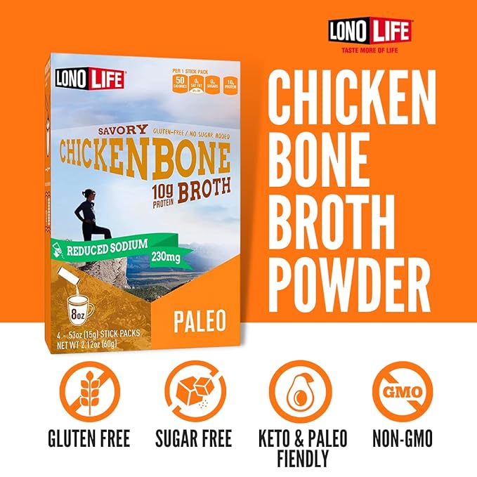 LonoLife Reduced Sodium Chicken Bone Broth Powder Mix | 10g Protein | Collagen-Rich, Keto & Paleo Friendly | Natural Ingredients | 10 Portable Stick Pack Servings
