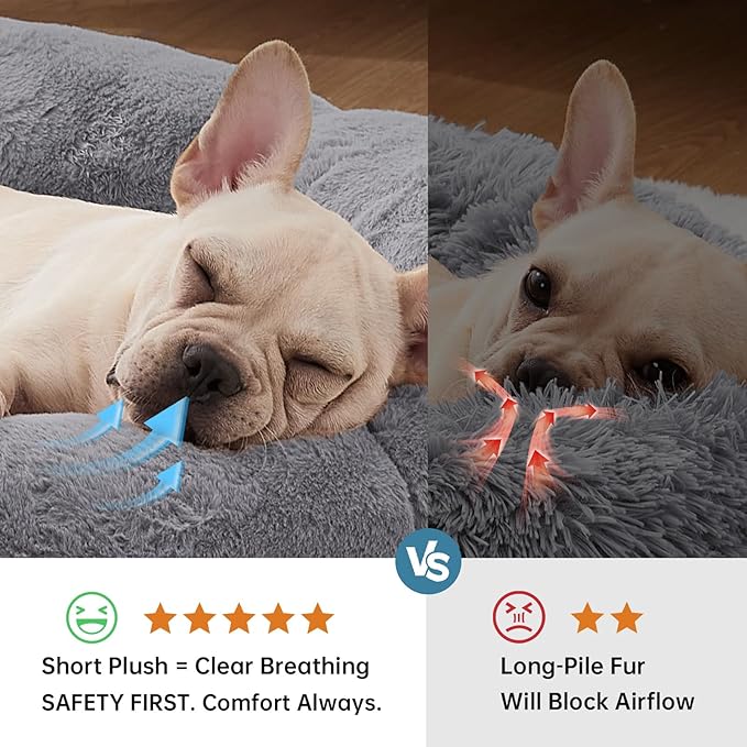 OhGeni 31 inches Calming Donut Orthopedic Dog & Cat Bed for Medium Pets, Warming Comfort Fluffy Short Pile Fur, Durable Waterproof Machine Washable Removable Cover, Round Bed for Puppy, Light Gray