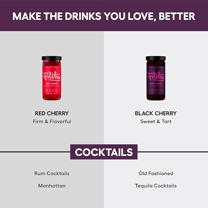 Filthy Cocktail Amarena Black Cherries, Premium Cocktail Garnish, All Natural Wild Italian Amarena Black Cherry, Non-GMO, Gluten Free, Vegan, Slow-Cooked, 11 Oz Jar, 45 Cherries