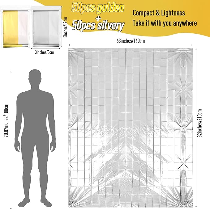Kanayu 100 Pack Emergency Foil Thermal Blankets for Survival 82 x 63 Foil Space Blanket Kit for Outdoors Camping Hiking Homeless Survival or First Aid, 50 Pcs Golden 50 Pcs Silver