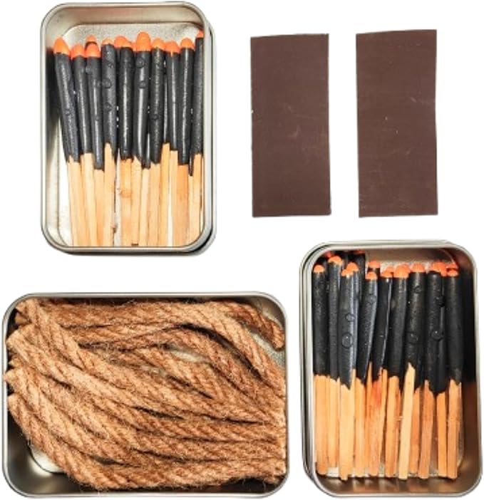 Survival Waterproof Matches Kit – 20/40/60 Fire Matches + Extra Striker in Metal Tin, Waxed Tinder Cords – Stormproof Windproof Fire Starter for Camping & Emergency (2 x Tin + 20 Ropes)