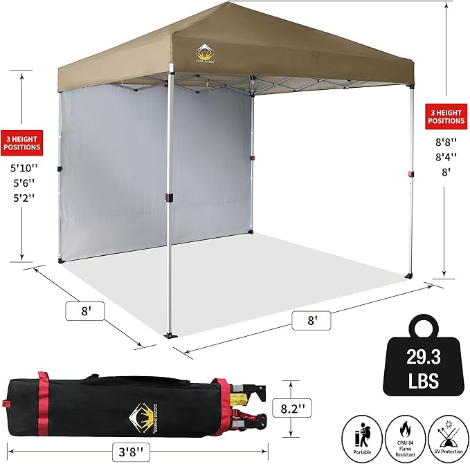 CROWN SHADES 8x8 Pop Up Canopy with 1 Side Wall - Beach Tent with One Push Setup - Outdoor Sun Shade for Events, Parties, Camping - Gazebo with STO-N-Go Cover Bag (Beige)