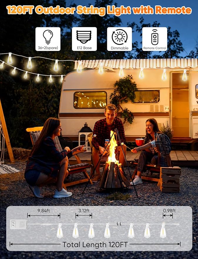Brightever 120FT LED Outdoor String Lights with Remote, Patio Lights Outdoor Waterproof with 38 Shatterproof Edison Bulbs, Dimmable Outside Hanging Light for Birthday, Party, Christmas Decor, White