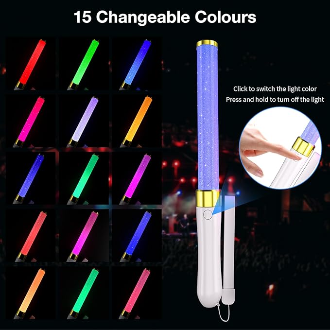 2 Pack LED Light Sticks-15 Colors Reusable Glow Sticks, Glow Party Supplies for Wedding, Birthday, Raves, Halloween, Christmas, New Year, with AAA Battery