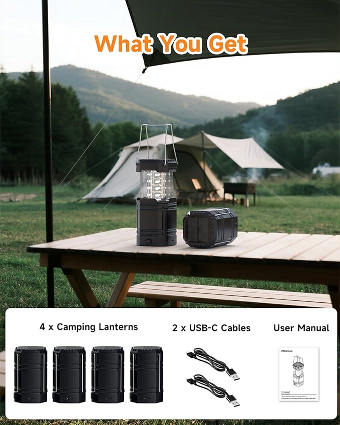Solar Camping Lantern 4 Pack, Rechargeable LED Lantern with Flashlight, USB-C & Solar Powered, Collapsible Emergency Lights for Hurricane, Power Outages, Outdoor Use