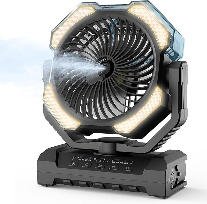 Camping Misting Fan - Portable Battery Powered Fans with 9oz Water Tank, Light, Hook - Rechargeable, 120H Cooling, Last 5H Mist, 4 Speed, Sleep Mode - Outdoor Fan, Travel Essentials