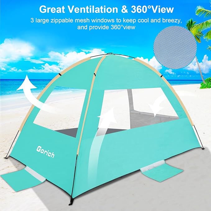 Gorich Beach Tent Sun Shelter for 3/4-5/6-7/8-10 Person with UPF 50ï¼?UV Protection, Lightweight & Easy Setup Beach Shade Canopy, Portable Beach Shade Tent Beach Cabana
