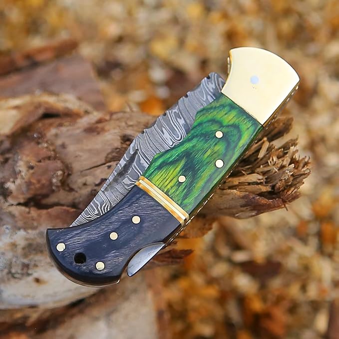 6.5 inch Damascus Pocket Knife with Sheath, Handmade Folding Pocket Knife for Men, Black-Red Wooden Handle with Brass Bolster, Secure Lock Back Camping Knife for EDC,Hunting,Hiking (Green)