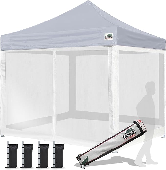 Eurmax USA 10'x10' Pop-up Canopy Tent Commercial Instant Canopies with 4 Removable Zipper End Screen Wall kit and Roller Bag, Bonus 4 SandBags(Gray)