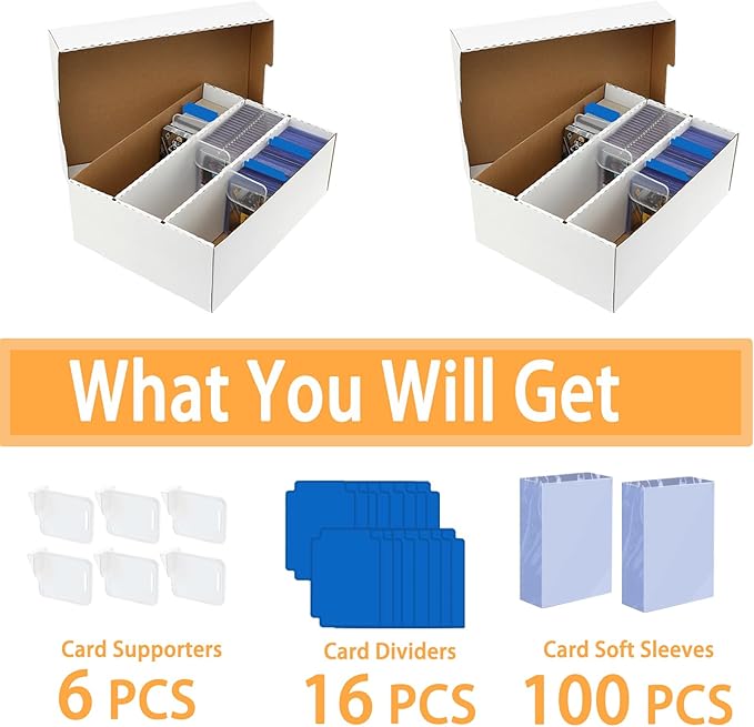 3 Row Trading Card Storage Box – Holds 2400 Cards, Fits Toploaders & Magnetic Cases, Includes 100 Sleeves, 16 Dividers & 6 Supports – Sport Card Organizer