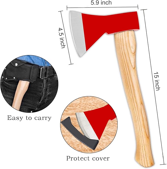 15” Chopping Axe with Sheath, Small Camping Hatchet Hand Axe for Wood Splitting, Outdoor Bushcraft Axe Tools for Hiking Gardening with Anti-Slip Handle